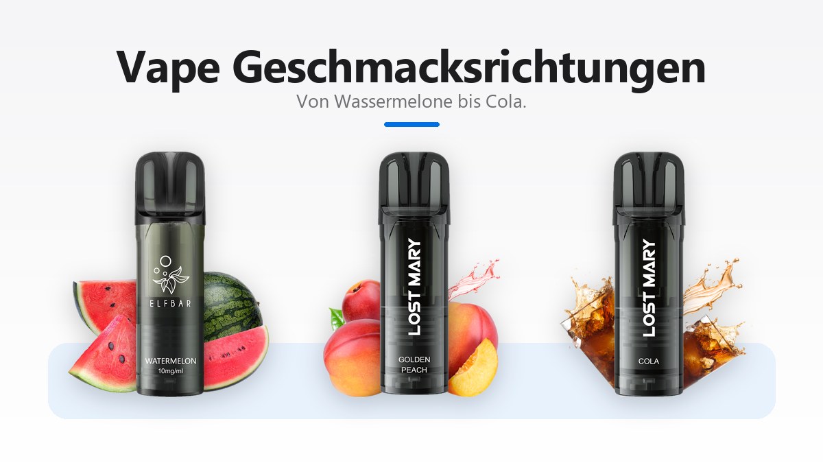 Kartuschen in den Sorten Wassermelone, Golden Peach und Cola