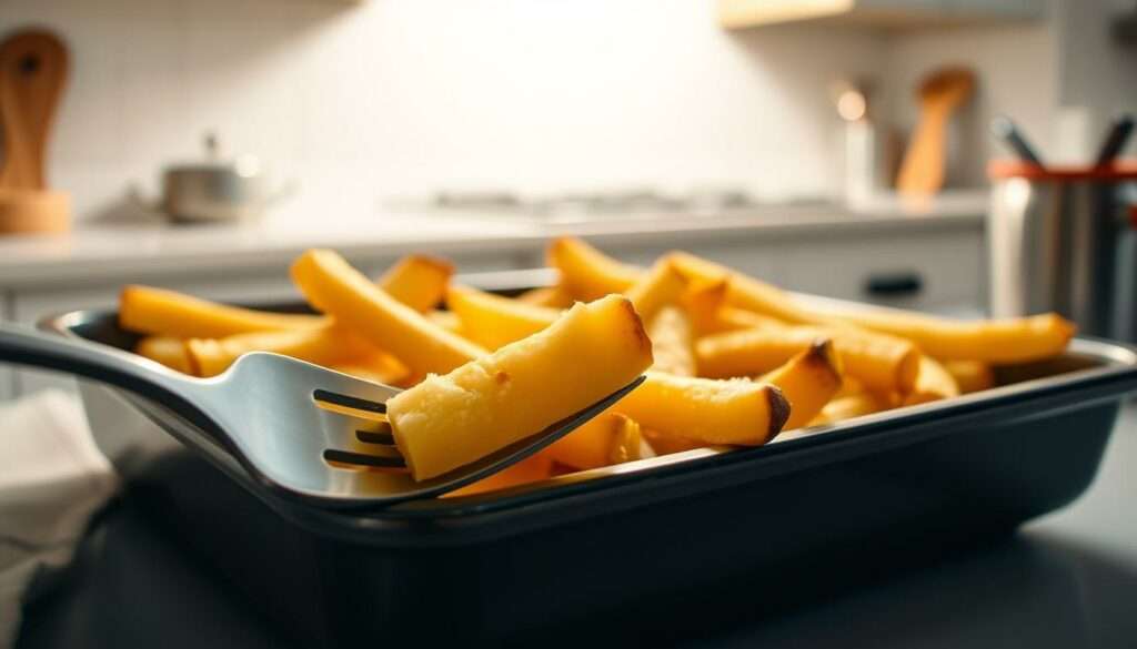 A baking tray filled with golden, crispy french fries sits in a well-lit kitchen. Soft lighting from above casts a warm glow, highlighting the texture of the perfectly roasted potatoes. In the foreground, a fork gently pierces a fry, showcasing its fluffy interior. The background features subtle kitchen details, creating a cozy, homey atmosphere. The scene conveys a sense of healthy indulgence, inviting the viewer to explore the tips and tricks for preparing delicious, nutritious french fries in the oven. A baking tray filled with golden, crispy french fries sits in a well-lit kitchen. Soft lighting from above casts a warm glow, highlighting the texture of the perfectly roasted potatoes. In the foreground, a fork gently pierces a fry, showcasing its fluffy interior. The background features subtle kitchen details, creating a cozy, homey atmosphere. The scene conveys a sense of healthy indulgence, inviting the viewer to explore the tips and tricks for preparing delicious, nutritious french fries in the oven.