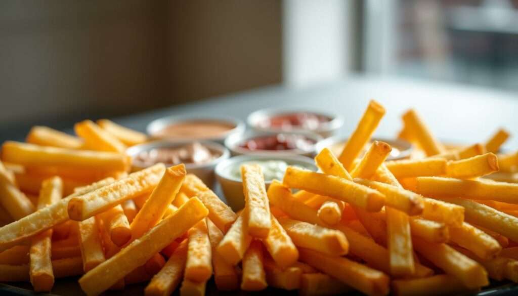 A beautifully lit, high-resolution photograph of an assortment of crisp, golden-brown french fries (pommes frites) arranged neatly in the foreground, accompanied by an array of dipping sauces in small dishes placed in the middle ground. The fries have a perfect, uniform shape and texture, with a light dusting of salt visible. The sauces, in various shades of red, white, and brown, are presented with care, inviting the viewer to imagine the flavors. The background is softly blurred, keeping the focus on the delectable arrangement. The overall mood is one of culinary delight and artful presentation, capturing the essence of the "perfect preparation" for a pommes tasting event. A beautifully lit, high-resolution photograph of an assortment of crisp, golden-brown french fries (pommes frites) arranged neatly in the foreground, accompanied by an array of dipping sauces in small dishes placed in the middle ground. The fries have a perfect, uniform shape and texture, with a light dusting of salt visible. The sauces, in various shades of red, white, and brown, are presented with care, inviting the viewer to imagine the flavors. The background is softly blurred, keeping the focus on the delectable arrangement. The overall mood is one of culinary delight and artful presentation, capturing the essence of the "perfect preparation" for a pommes tasting event.