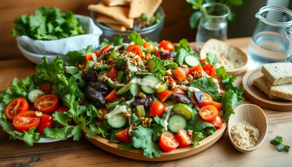 A bountiful array of fresh, sättigende salads takes center stage on a simple, rustic wooden table. Crisp, leafy greens in shades of vibrant green and deep red mingle with an assortment of vibrant, seasonal veggies - juicy tomatoes, crunchy cucumbers, and colorful bell peppers. Drizzles of creamy, tangy dressing and sprinklings of savory toppings like toasted nuts and seeds add texture and depth of flavor. Soft, warm pita bread and a pitcher of refreshing water complete this nourishing, satisfying midday meal, set against a backdrop of natural light and warm, earthy tones. The scene radiates a sense of wholesomeness and balance, inviting the viewer to indulge in a healthy, sättigende salad during their lunch break.