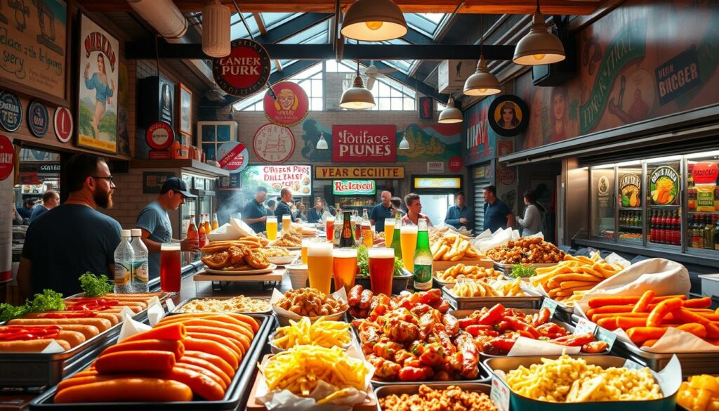 A bustling imbiss awash in the warm glow of natural light, showcasing a vibrant array of culinary delights. In the foreground, a tantalizing display of savory street food - from sizzling bratwurst and crisp falafel to fragrant curry wurst and steaming döner kebabs. The middle ground features a diverse selection of refreshing beverages, from fizzy sodas to frothy beers. In the background, the vibrant decor sets the mood - colorful murals, retro signage, and lively chatter from patrons enjoying the culinary cornucopia. An atmosphere of celebration and discovery, inviting the viewer to indulge in the rich tapestry of flavors that define the imbiss experience.