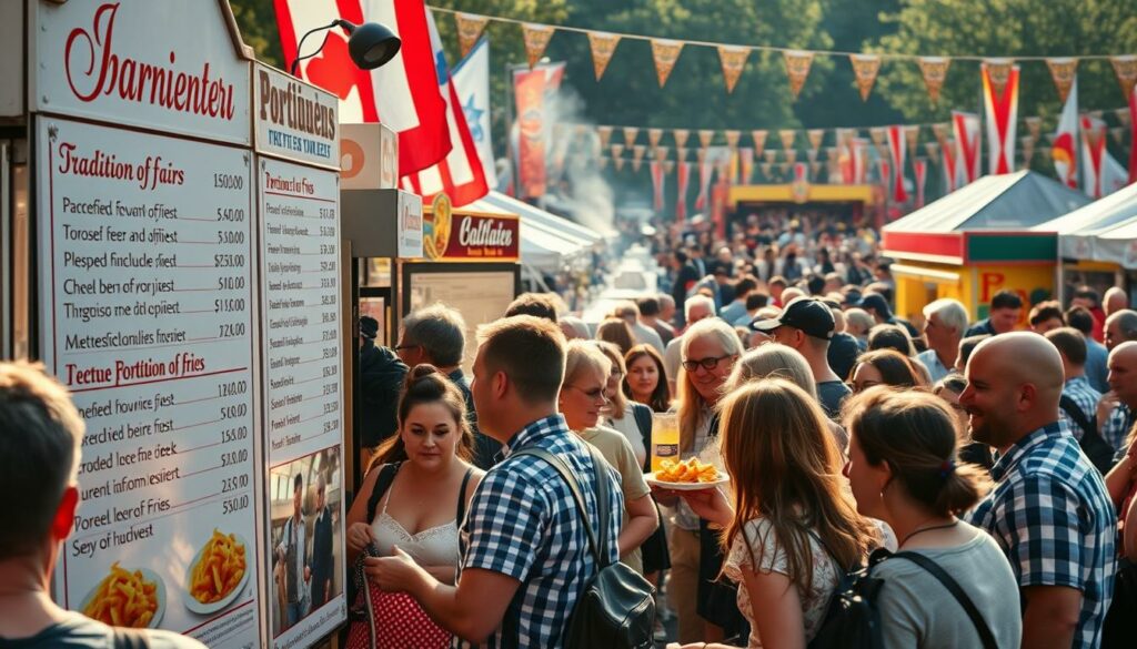 A bustling outdoor festival scene, with crowds of people gathered around food stalls and stands. In the foreground, a group of attendees react with a mix of surprise, delight, and dismay as they examine the price list for traditional Bavarian fare, including the iconic order of "a portion of fries". In the middle ground, vendors energetically serve up steaming plates of food, while the background is filled with the vibrant colors and energy of the festival atmosphere - tents, flags, and the lively chatter of the crowd. The lighting is warm and inviting, captured with a slightly wide-angle lens to convey the expansive scope of the event. An overall feeling of lively anticipation and consumer reaction permeates the scene.