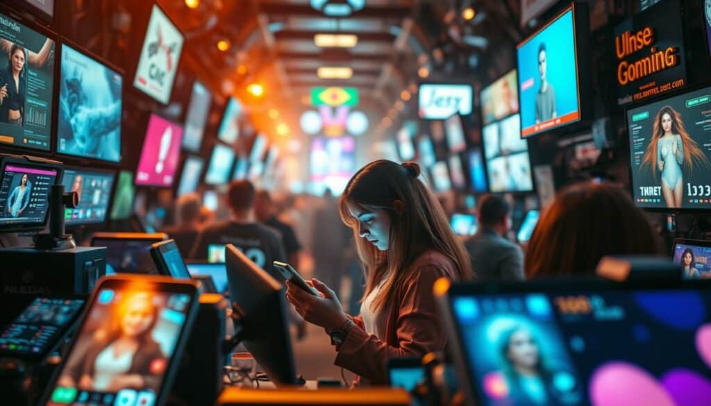 A bustling social media landscape, with vibrant screens and devices at the forefront. In the middle ground, a central figure engrossed in their phone, surrounded by a whirlwind of data, notifications, and digital connections. The background fades into a blurred, ethereal realm, hinting at the pervasive influence of social media on our daily lives. Warm, diffused lighting casts a contemplative mood, inviting the viewer to ponder the role of these ubiquitous platforms in shaping our experiences and perceptions. The composition strikes a balance between the tangible and the intangible, reflecting the complex and ever-evolving nature of social media's impact.