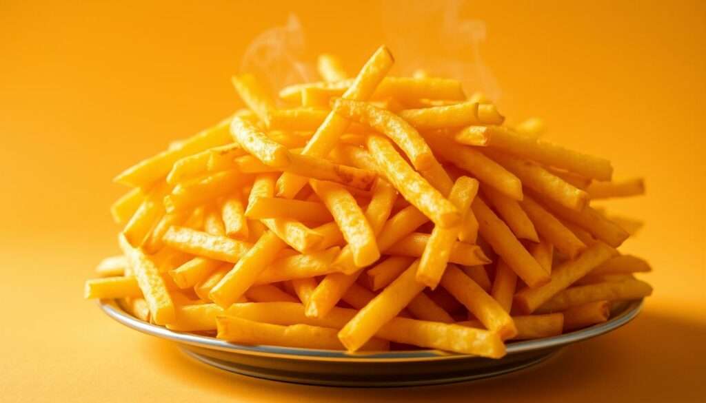 A cheerful and vibrant scene of a hot plate overflowing with golden, crispy french fries, illuminated by warm, soft lighting. The fries are freshly fried, their surfaces glistening with a light coating of oil, and steam gently rises from them. The plate is set against a plain, neutral background, allowing the fries to take center stage. The composition is balanced and visually appealing, capturing the essence of the "Pommes-Wissen" concept in a tantalizing and appetizing way. A cheerful and vibrant scene of a hot plate overflowing with golden, crispy french fries, illuminated by warm, soft lighting. The fries are freshly fried, their surfaces glistening with a light coating of oil, and steam gently rises from them. The plate is set against a plain, neutral background, allowing the fries to take center stage. The composition is balanced and visually appealing, capturing the essence of the "Pommes-Wissen" concept in a tantalizing and appetizing way.