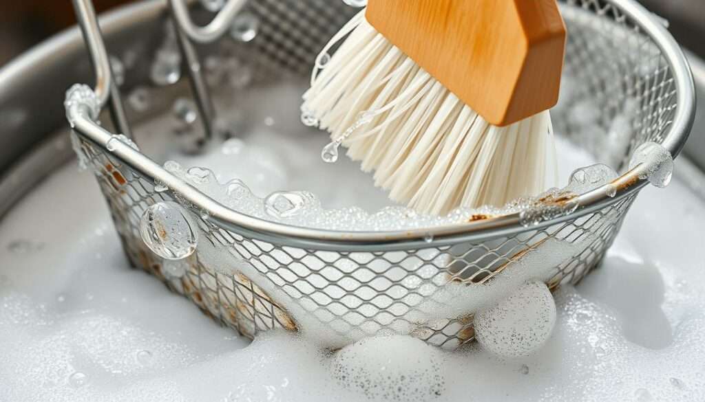 A close-up shot of a deep fryer basket being thoroughly cleaned. The basket is immersed in soapy water, with suds gently bubbling around it. Droplets of water cling to the metal mesh, reflecting the bright overhead lighting. Steam rises from the surface, creating a sense of cleansing. The basket is angled slightly, revealing its intricate structure and the accumulated grease and grime being scrubbed away by a cleaning brush. The background is blurred, keeping the focus on the detailed cleaning process. The overall mood is one of diligence and attention to detail, highlighting the importance of maintaining kitchen equipment. A close-up shot of a deep fryer basket being thoroughly cleaned. The basket is immersed in soapy water, with suds gently bubbling around it. Droplets of water cling to the metal mesh, reflecting the bright overhead lighting. Steam rises from the surface, creating a sense of cleansing. The basket is angled slightly, revealing its intricate structure and the accumulated grease and grime being scrubbed away by a cleaning brush. The background is blurred, keeping the focus on the detailed cleaning process. The overall mood is one of diligence and attention to detail, highlighting the importance of maintaining kitchen equipment.