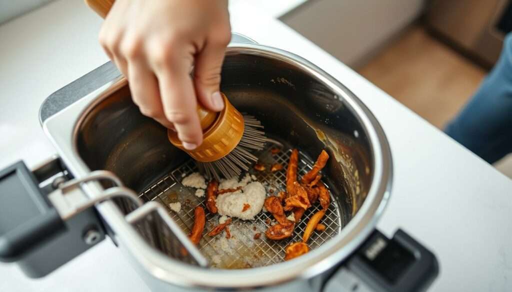 A close-up shot of a person's hands scrubbing the inside of a stainless steel deep fryer with a sturdy brush, removing encrusted oil and food debris. The fryer is positioned on a clean, well-lit kitchen counter, with a neutral, slightly blurred background. The lighting is natural and diffused, creating soft shadows that accentuate the texture of the metal surface and the vigorous scrubbing motion. The scene conveys a sense of diligence and determination to thoroughly clean and maintain the kitchen appliance. A close-up shot of a person's hands scrubbing the inside of a stainless steel deep fryer with a sturdy brush, removing encrusted oil and food debris. The fryer is positioned on a clean, well-lit kitchen counter, with a neutral, slightly blurred background. The lighting is natural and diffused, creating soft shadows that accentuate the texture of the metal surface and the vigorous scrubbing motion. The scene conveys a sense of diligence and determination to thoroughly clean and maintain the kitchen appliance.