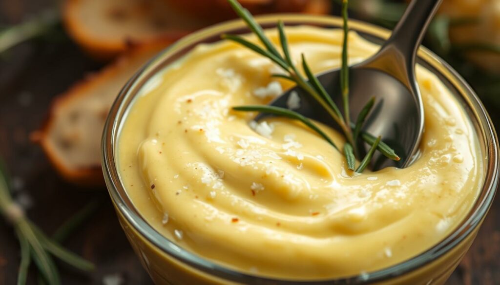 A close-up shot of a small glass bowl filled with a creamy, golden-yellow aioli sauce, garnished with fresh sprigs of rosemary and a sprinkle of coarse sea salt. The texture of the aioli is smooth and velvety, with tiny air bubbles visible throughout. The lighting is soft and diffused, creating a warm, appetizing atmosphere. The background is slightly blurred, keeping the focus on the delectable aioli. A stainless steel spoon is partially submerged in the sauce, hinting at its rich, flavorful nature. This image clearly illustrates the "Tipps für die perfekte Aioli" section, showcasing the key elements for making a delicious, homemade aioli.