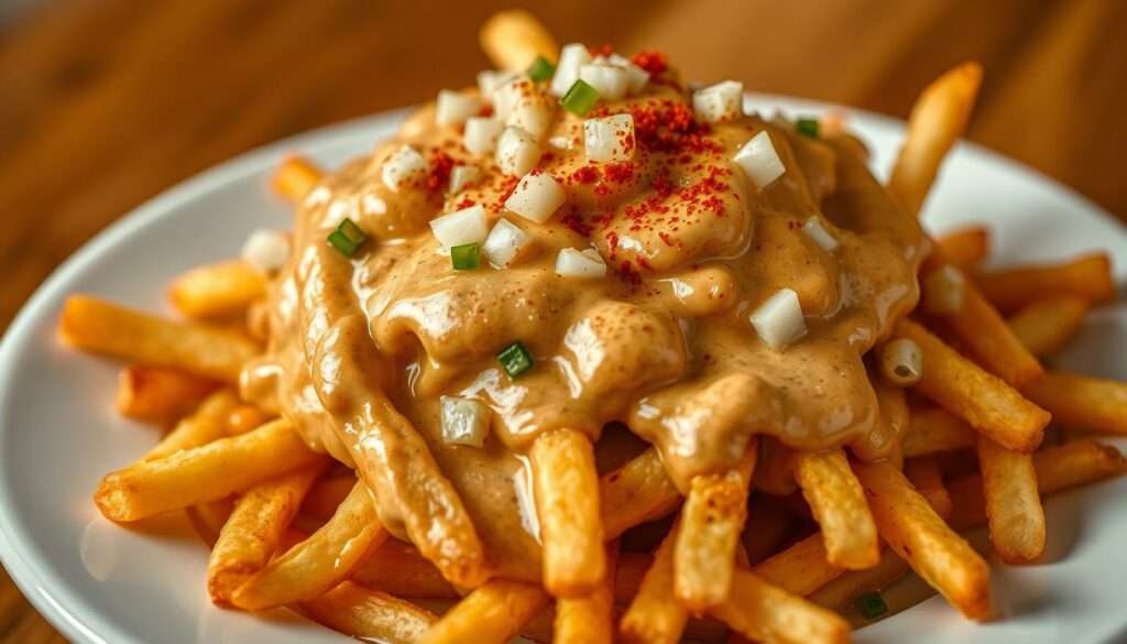 A close-up view of a heaping portion of Dutch "Patatje Oorlog" - crispy golden-brown fries smothered in a rich, creamy peanut sauce, garnished with chopped onions and a sprinkle of paprika. The fries are arranged in an artful, cascading manner, glistening under the warm, soft lighting that casts a cozy, inviting atmosphere. The peanut sauce, a signature Dutch condiment, has a thick, velvety texture and a deep, nutty aroma. The onions provide a fresh, crunchy contrast, while the paprika lends a subtle smoky note. The entire dish is presented on a plain white plate, allowing the vibrant colors and textures to take center stage, evoking the comfort and indulgence of this beloved Dutch street food. A close-up view of a heaping portion of Dutch "Patatje Oorlog" - crispy golden-brown fries smothered in a rich, creamy peanut sauce, garnished with chopped onions and a sprinkle of paprika. The fries are arranged in an artful, cascading manner, glistening under the warm, soft lighting that casts a cozy, inviting atmosphere. The peanut sauce, a signature Dutch condiment, has a thick, velvety texture and a deep, nutty aroma. The onions provide a fresh, crunchy contrast, while the paprika lends a subtle smoky note. The entire dish is presented on a plain white plate, allowing the vibrant colors and textures to take center stage, evoking the comfort and indulgence of this beloved Dutch street food.