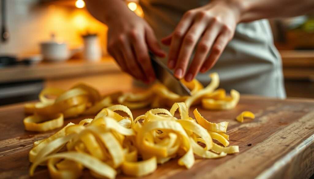 A close-up view of a pair of hands carefully peeling and slicing potato skins on a wooden cutting board, with the skins neatly piled in the foreground. The kitchen counter in the background is illuminated by warm, natural lighting, casting a soft glow on the scene. The focus is sharp, capturing the intricate details of the skin textures and the precision of the cutting motions. The overall mood is one of mindful preparation, inviting the viewer to consider the potential uses for these discarded potato peels. A close-up view of a pair of hands carefully peeling and slicing potato skins on a wooden cutting board, with the skins neatly piled in the foreground. The kitchen counter in the background is illuminated by warm, natural lighting, casting a soft glow on the scene. The focus is sharp, capturing the intricate details of the skin textures and the precision of the cutting motions. The overall mood is one of mindful preparation, inviting the viewer to consider the potential uses for these discarded potato peels.