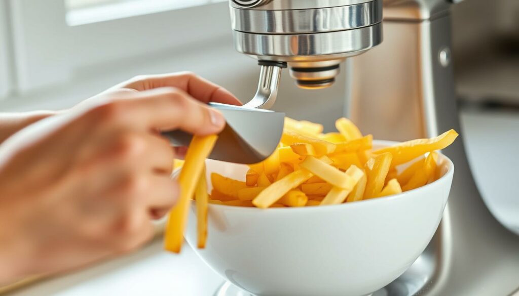 A close-up view of a person's hands slicing golden-brown french fries using a KitchenAid stand mixer's vegetable slicer attachment. The blade glides effortlessly through the potato, producing thin, uniform strips that fall gracefully into a clean, white bowl below. Bright, natural lighting illuminates the scene, creating a crisp, appetizing atmosphere. The mixer's sleek, stainless steel body stands steadfast on the countertop, a testament to its power and versatility. The background is blurred, keeping the focus solely on the task at hand - creating the perfect homemade fries with the help of this high-quality kitchen appliance.