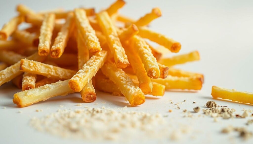 A close-up view of golden, crispy french fries against a clean, bright background. The fries are arranged in an artful, slightly chaotic pattern, showcasing their perfect, evenly-fried texture. The lighting is soft and diffused, casting gentle shadows that accentuate the fries' crunchy exterior. In the foreground, a light dusting of breadcrumbs or panko flakes is visible, hinting at the secret to the fries' incredible crispiness. The mid-ground features a scattering of spices or herbs, adding a hint of flavor and visual interest. The background is subtly blurred, keeping the focus solely on the star of the image - the irresistibly crispy, panko-coated french fries.