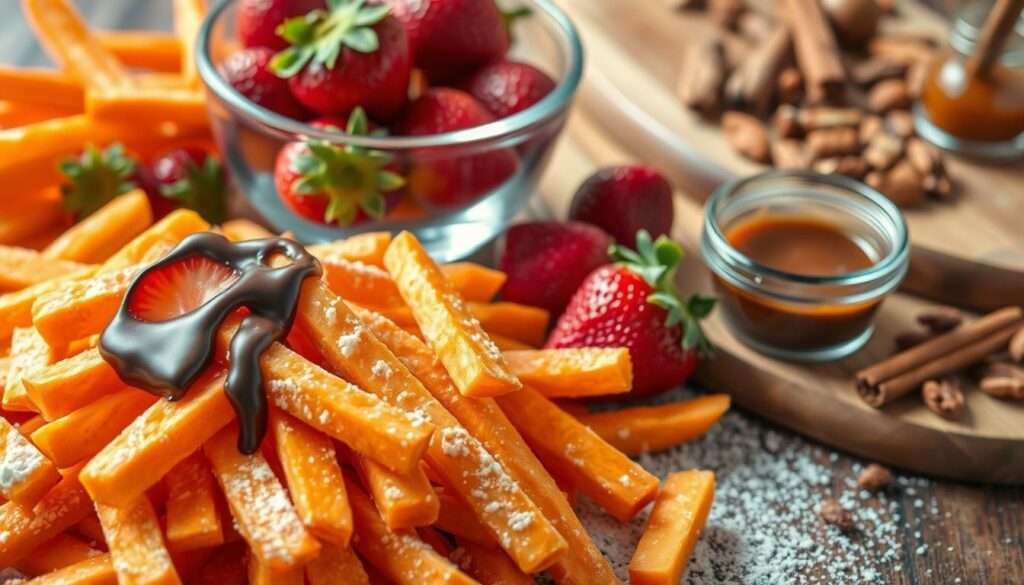 A colorful still life showcasing the key ingredients for sweet french fries. In the foreground, a pile of freshly cut sweet potato fries, their golden-orange hues glistening under soft, natural lighting. Beside them, a dusting of powdered sugar and a drizzle of melted dark chocolate, creating a tempting contrast of sweet and savory. In the middle ground, a glass bowl overflows with bright red strawberries, their juicy flesh and vibrant green stems adding a pop of color. In the background, a wooden board displays an assortment of toasted nuts, cinnamon sticks, and a small jar of caramel sauce, hinting at the decadent toppings to come. The overall composition evokes a sense of rustic elegance, inviting the viewer to imagine the delightful flavors of this unique take on classic french fries. A colorful still life showcasing the key ingredients for sweet french fries. In the foreground, a pile of freshly cut sweet potato fries, their golden-orange hues glistening under soft, natural lighting. Beside them, a dusting of powdered sugar and a drizzle of melted dark chocolate, creating a tempting contrast of sweet and savory. In the middle ground, a glass bowl overflows with bright red strawberries, their juicy flesh and vibrant green stems adding a pop of color. In the background, a wooden board displays an assortment of toasted nuts, cinnamon sticks, and a small jar of caramel sauce, hinting at the decadent toppings to come. The overall composition evokes a sense of rustic elegance, inviting the viewer to imagine the delightful flavors of this unique take on classic french fries.