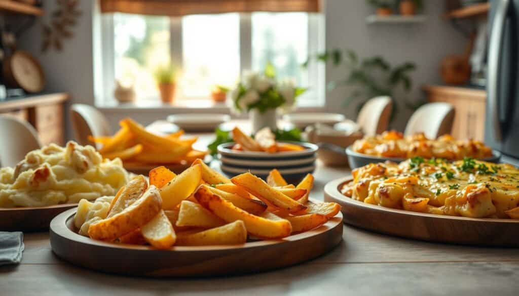 A cozy kitchen scene featuring a variety of delicious and kid-friendly potato dishes. In the foreground, a spread of mashed potatoes, potato wedges, and cheesy potato gratin, all arranged on wooden platters. The middle ground shows a family-style table setting with plates, cutlery, and napkins, hinting at a wholesome mealtime. In the background, glimpses of a sunny window and lush greenery create a warm, inviting atmosphere. The lighting is soft and natural, casting a gentle glow over the scene. The overall mood is one of comfort, nourishment, and the joy of sharing a delicious, homemade meal.