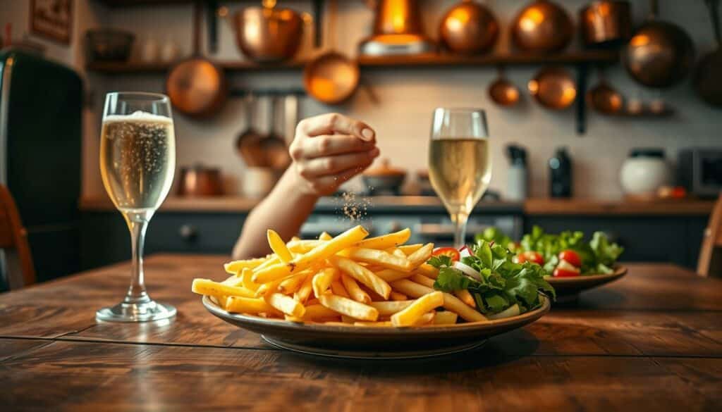 A cozy kitchen scene, with a rustic wooden table set for a delightful dining experience. In the foreground, a plate of steaming hot, golden french fries, accompanied by a crisp, fresh salad. Placed alongside, a glass of chilled, bubbly beverage, reflecting the warm lighting from above. In the middle ground, a pair of hands delicately seasoning the fries, adding a touch of savory delight. The background showcases a well-appointed kitchen, with copper pots and pans hanging on the walls, creating a warm, inviting atmosphere. The overall scene radiates a sense of comfort, indulgence, and the simple pleasure of savoring a delicious, homemade meal.
