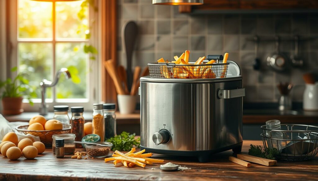 A cozy kitchen scene with a stainless steel deep fryer prominently displayed on a rustic wooden counter. The fryer's shiny exterior reflects the warm overhead lighting, casting a soft glow across the scene. Surrounding the fryer are various cooking utensils, spices, and fresh ingredients - potatoes, herbs, and seasoning - hinting at the preparation of homemade fries. The background features a tiled backsplash and a window overlooking a lush, green garden, creating a welcoming, homey atmosphere. The overall mood is one of culinary inspiration and the promise of delicious, crispy fries.
