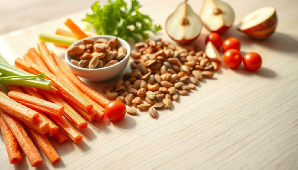 A delightful arrangement of healthy snacks on a light wooden surface, bathed in warm, natural lighting. In the foreground, an assortment of vibrant, crisp vegetables - carrot sticks, celery, and cherry tomatoes - neatly organized. In the middle ground, a bowl of crunchy, protein-rich nuts and seeds, such as almonds, cashews, and sunflower seeds. In the background, a few slices of fresh, ripe fruit, such as apple and pear, providing a pop of color and sweetness. The scene exudes a sense of freshness, simplicity, and wholesome goodness, perfectly capturing the essence of "Gesunde Snacks für zwischendurch".