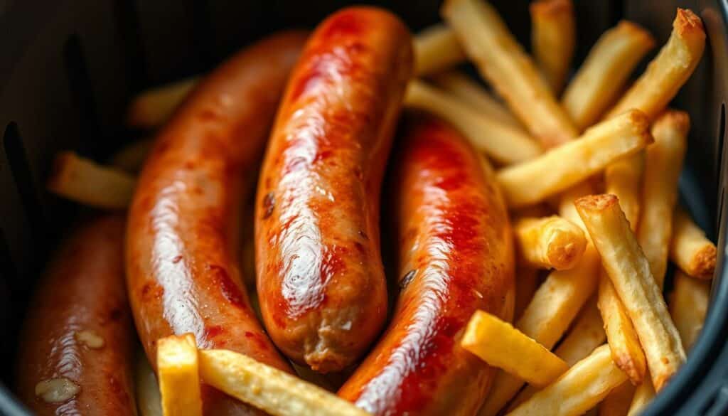 A delightful close-up of perfectly cooked bratwurst sausages and crispy golden french fries, freshly prepared in a sleek modern air fryer. The sausages have a glistening, caramelized exterior and a juicy, tender interior, while the fries are crisp on the outside and fluffy within. Soft, natural lighting illuminates the scene, casting a warm, inviting glow. The arrangement is artfully composed, with the sausages and fries arranged in an appetizing manner against a clean, minimal background, allowing the rich colors and textures to shine. This mouthwatering display perfectly captures the essence of the ultimate comfort food pairing, ready to inspire and delight the viewer.