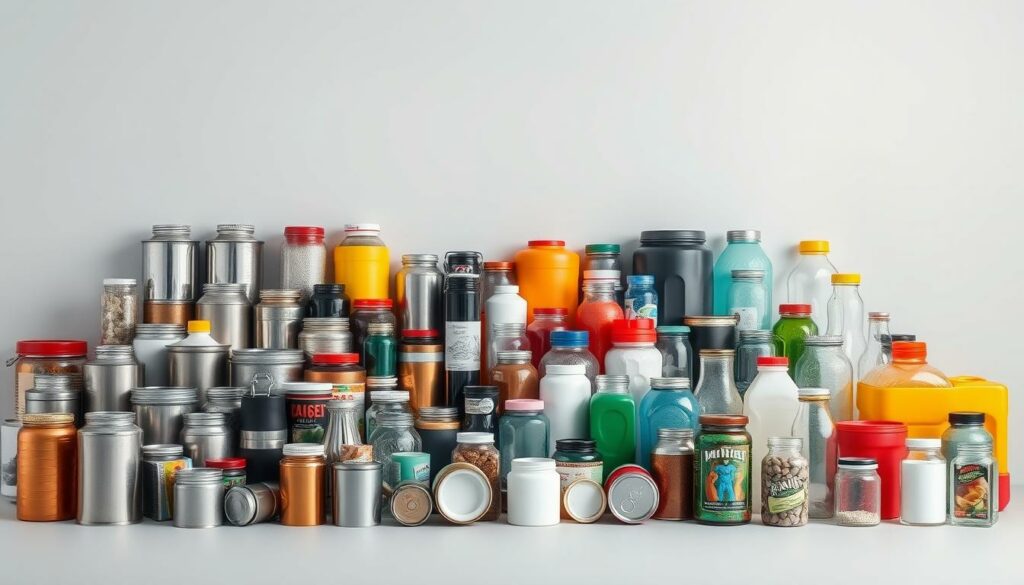 A detailed array of various types of canisters neatly displayed against a clean, minimalist background. The foreground showcases a diverse collection of metal, plastic, and glass canisters in different shapes, sizes, and colors, highlighting their distinct features and purposes. The middle ground depicts the canisters in an organized manner, allowing for a clear and comprehensive view. The background maintains a simple, muted palette to prevent distractions, emphasizing the focal point of the canisters. Soft, directional lighting casts subtle shadows, accentuating the textures and forms of the containers. The overall composition conveys a sense of order, practicality, and environmental awareness, suitable for illustrating the section on "Arten von Kanistern und ihre spezifische Entsorgung".