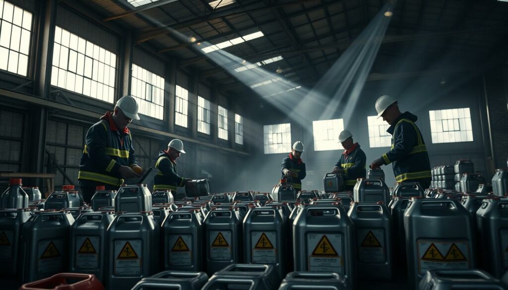 A dimly lit industrial warehouse, the focus centered on a group of workers carefully handling a collection of metal jerrycans. The cans are marked with hazard symbols, indicating their contents - chemical residues requiring specialized disposal. The workers, clad in protective gear, methodically sort and prepare the cans for transport to a regulated waste facility. Beams of light filter in through high windows, casting dramatic shadows across the scene. The overall mood is one of serious responsibility, as the workers ensure the safe and environmentally conscious disposal of these potentially hazardous materials.