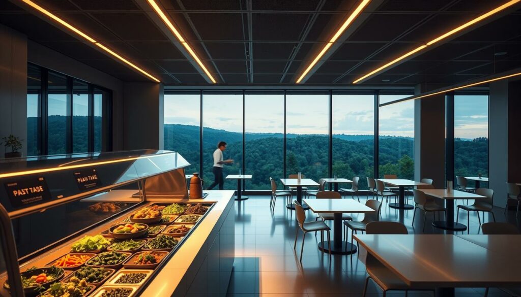 A futuristic cafeteria interior at IKEA, bathed in warm, ambient lighting. In the foreground, a sleek, minimalist serving counter with a variety of plant-based, sustainable meal options displayed. The middle ground features clean, angular tables and chairs, arranged in a modern, efficient layout. In the background, large windows offer panoramic views of a lush, verdant landscape, hinting at a harmonious integration of nature and technology. The overall atmosphere conveys a sense of tranquility, innovation, and a forward-thinking approach to dining experiences within the IKEA ecosystem.