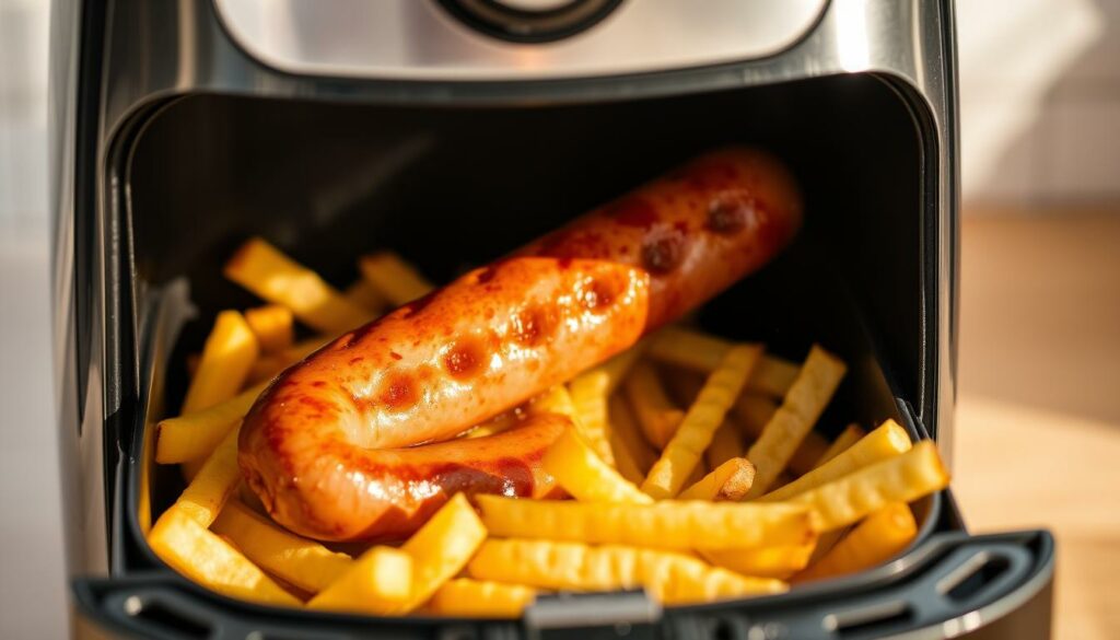 A golden-brown Bratwurst sizzling in a sleek, stainless steel air fryer, nestled between crisp, golden-yellow French fries, all bathed in warm, natural lighting. The Bratwurst's juices glisten, while the fries' crinkled surfaces catch the light, creating an appetizing and inviting scene. The air fryer's modern, minimalist design accentuates the flavorful feast, conveying the efficiency and versatility of this kitchen appliance for preparing classic German fare. The overall mood is one of mouthwatering anticipation, perfectly capturing the essence of the "Heißluftfritteuse Bratwurst Pommes" experience.