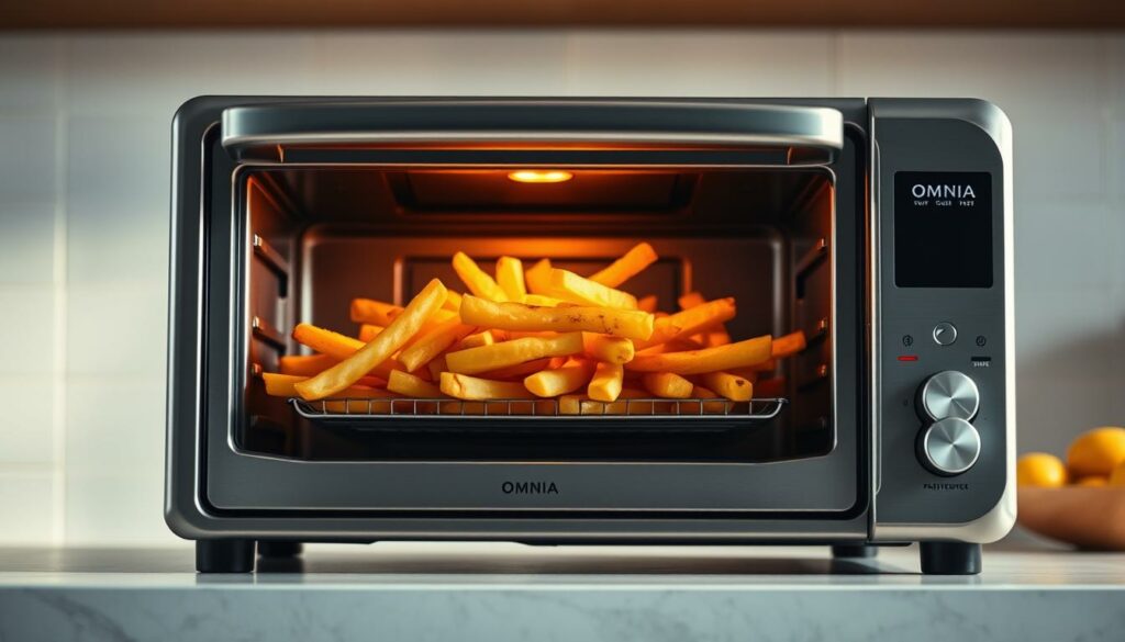A golden-brown batch of crispy french fries sizzling in an Omnia countertop convection oven, set against a clean, bright kitchen backdrop. Soft shadows and warm lighting highlight the even browning and crisped edges of the freshly baked potato wedges. The oven's stainless steel exterior and digital controls are visible, conveying the modern, compact design that allows for easy home cooking. An open, airy composition emphasizes the simplicity and convenience of preparing homemade fries in this versatile appliance.