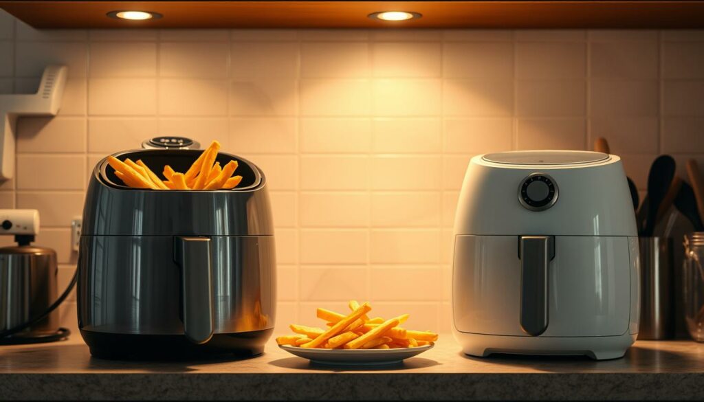 A kitchen counter with a modern electric fryer and an air fryer side by side, illuminated by warm overhead lighting. The electric fryer sizzles with golden-brown fries, while the air fryer sits quietly, its sleek design hinting at its energy-efficient operation. The scene conveys the tradeoffs between traditional deep frying and healthier air frying, inviting the viewer to consider the costs and energy consumption of each method. The lighting and composition create a contemplative, almost scientific atmosphere, guiding the viewer to focus on the relative merits of the two appliances.