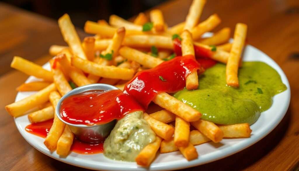 A large plate of golden-brown, crispy Latin American-style french fries, generously drizzled with a vibrant red chili sauce and a creamy, spicy green sauce. The fries are artfully arranged, with a few stray ones cascading over the edge of the plate. The lighting is warm and inviting, casting a soft glow on the sauces, making them glisten. The background is blurred, keeping the focus solely on the enticing plate of fries and their bold, flavorful accompaniments. The overall mood is one of bold, zesty Latin American cuisine, perfect for illustrating the "Latin America: Fries with Spicy Sauces" section of the "Fries Around the World" article. A large plate of golden-brown, crispy Latin American-style french fries, generously drizzled with a vibrant red chili sauce and a creamy, spicy green sauce. The fries are artfully arranged, with a few stray ones cascading over the edge of the plate. The lighting is warm and inviting, casting a soft glow on the sauces, making them glisten. The background is blurred, keeping the focus solely on the enticing plate of fries and their bold, flavorful accompaniments. The overall mood is one of bold, zesty Latin American cuisine, perfect for illustrating the "Latin America: Fries with Spicy Sauces" section of the "Fries Around the World" article.