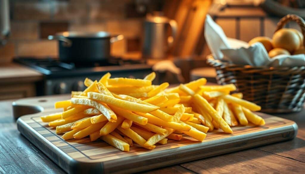 A large wooden cutting board on a rustic kitchen counter, neatly stacked golden-brown french fries arranged in the foreground. Crisp and evenly cut, the fries glisten under warm, soft lighting, casting gentle shadows. In the background, a saucepan simmers on the stovetop, steam rising, while a basket of freshly peeled potatoes rests nearby. The scene exudes a cozy, homemade atmosphere, capturing the essence of preparing the perfect batch of homemade french fries.