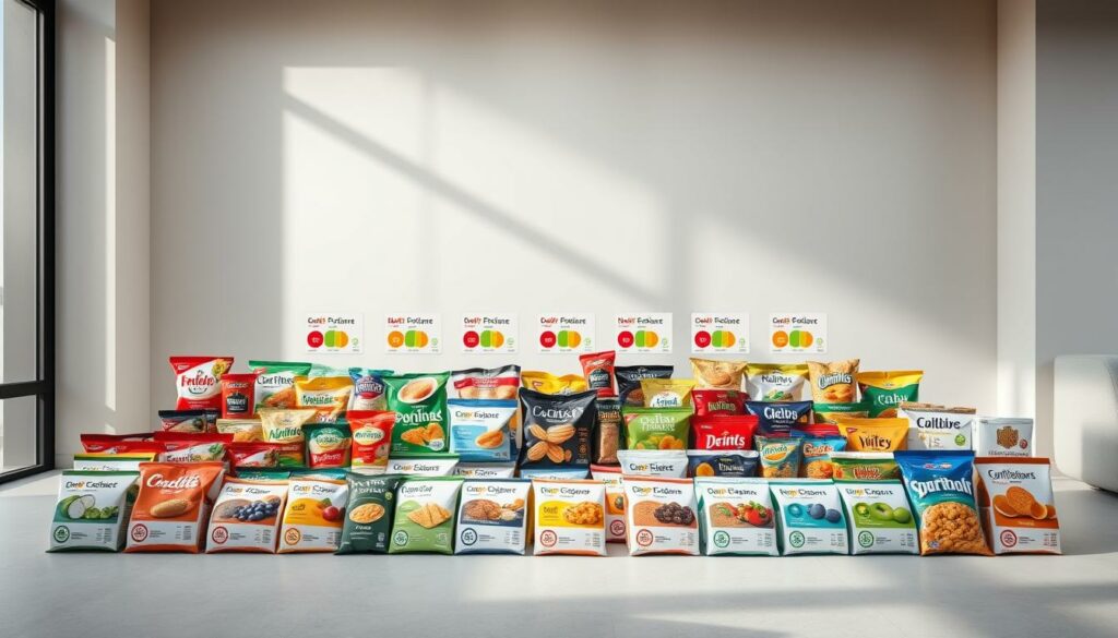 A meticulously organized display of various food product groups, their Nutri-Score ratings visually represented. The scene is set in a contemporary, minimalist interior with neutral tones and clean lines, allowing the colorful food packaging to take center stage. Soft, directional lighting casts subtle shadows, highlighting the distinct categories and emphasizing the relative positioning of each group. The arrangement conveys a sense of order and clarity, mirroring the systematic evaluation process behind the Nutri-Score system. The overall atmosphere is one of informative, objective presentation, inviting the viewer to understand the nuances of this nutritional labeling approach within a specific product category.