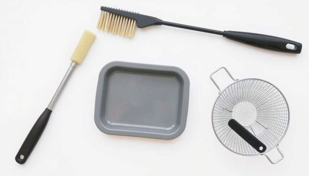 A neatly arranged collection of cleaning accessories for a deep fryer, including a long-handled brush, a scrubbing pad, a dip tray, and a wire mesh strainer, all set against a simple white background with soft, even lighting. The tools are meticulously placed to showcase their functionality and utility in the task of thoroughly cleaning a deep fryer, reflecting the "Vorbereitung: Das brauchst du für die Reinigung" section of the article. A neatly arranged collection of cleaning accessories for a deep fryer, including a long-handled brush, a scrubbing pad, a dip tray, and a wire mesh strainer, all set against a simple white background with soft, even lighting. The tools are meticulously placed to showcase their functionality and utility in the task of thoroughly cleaning a deep fryer, reflecting the "Vorbereitung: Das brauchst du für die Reinigung" section of the article.
