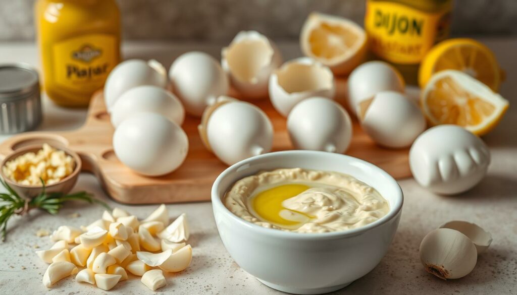 A neatly arranged still life composition depicting the key ingredients for making homemade aioli sauce. In the foreground, a white ceramic bowl filled with creamy, emulsified aioli, accompanied by a nest of freshly chopped garlic cloves. In the middle ground, a cutting board showcases several whole eggs, their shells gently cracked, and a drizzle of golden olive oil. In the background, jars of Dijon mustard and lemon wedges add pops of color against a soft, neutral backdrop, creating a warm, inviting atmosphere. Lit by soft, natural lighting that casts subtle shadows, highlighting the textures and sheen of the ingredients.
