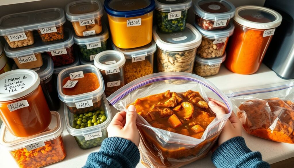 A neatly organized kitchen counter with various containers and bags filled with homemade dishes, sauces, and ingredients. The containers are labeled with handwritten tags indicating the contents and freezing dates. In the foreground, a pair of hands carefully sealing a plastic bag filled with a hearty stew, preparing it for the freezer. The lighting is soft and natural, casting a warm glow on the scene. The overall composition conveys a sense of efficiency, organization, and the satisfaction of meal prepping and preserving homemade foods for later use.