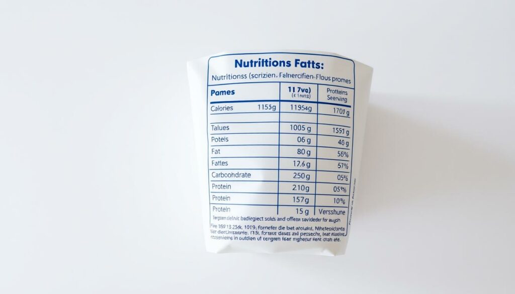 A nutritional information panel displayed on a clean, minimalist background. The panel showcases detailed calorie, fat, carbohydrate, and protein values for a serving of Iglo Freibad Pommes, with a clear organization and legible typography. The panel is presented in a thoughtful, informative manner, conveying a sense of transparency and attention to detail. The lighting is soft and even, creating a pleasant, inviting atmosphere. The camera angle is slightly elevated, giving the viewer a clear, comprehensive view of the nutritional information. The overall composition strikes a balance between functional design and visual appeal, making it an ideal illustration for the "Nährwertinformationen und Aufbewahrung" section of the article.