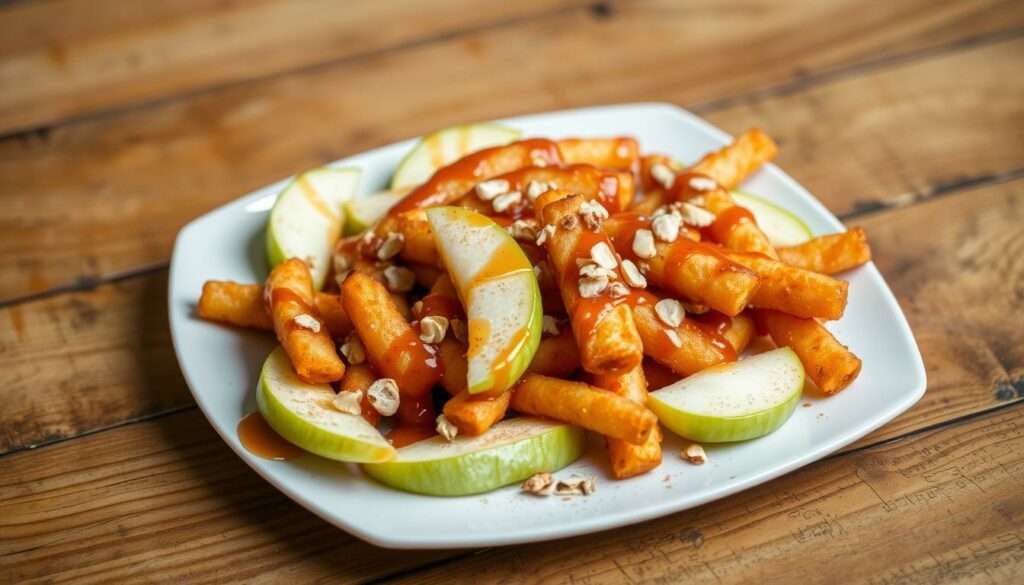 A plate of golden, crispy "Apfel-Pommes" (apple fries) rests on a rustic wooden surface. The fries are arranged in an appealing pattern, drizzled with a glossy, caramelized glaze that glistens under the warm, diffused lighting. Slices of juicy, tart green apples are interspersed among the fries, adding a delightful contrast of flavors and textures. A light dusting of cinnamon and a scattering of toasted almonds complete the inviting display, evoking the comforting aroma of homemade apple pie. The overall composition exudes a cozy, autumnal atmosphere, perfectly capturing the essence of the "Loaded Apfel-Fries" recipe. A plate of golden, crispy "Apfel-Pommes" (apple fries) rests on a rustic wooden surface. The fries are arranged in an appealing pattern, drizzled with a glossy, caramelized glaze that glistens under the warm, diffused lighting. Slices of juicy, tart green apples are interspersed among the fries, adding a delightful contrast of flavors and textures. A light dusting of cinnamon and a scattering of toasted almonds complete the inviting display, evoking the comforting aroma of homemade apple pie. The overall composition exudes a cozy, autumnal atmosphere, perfectly capturing the essence of the "Loaded Apfel-Fries" recipe.