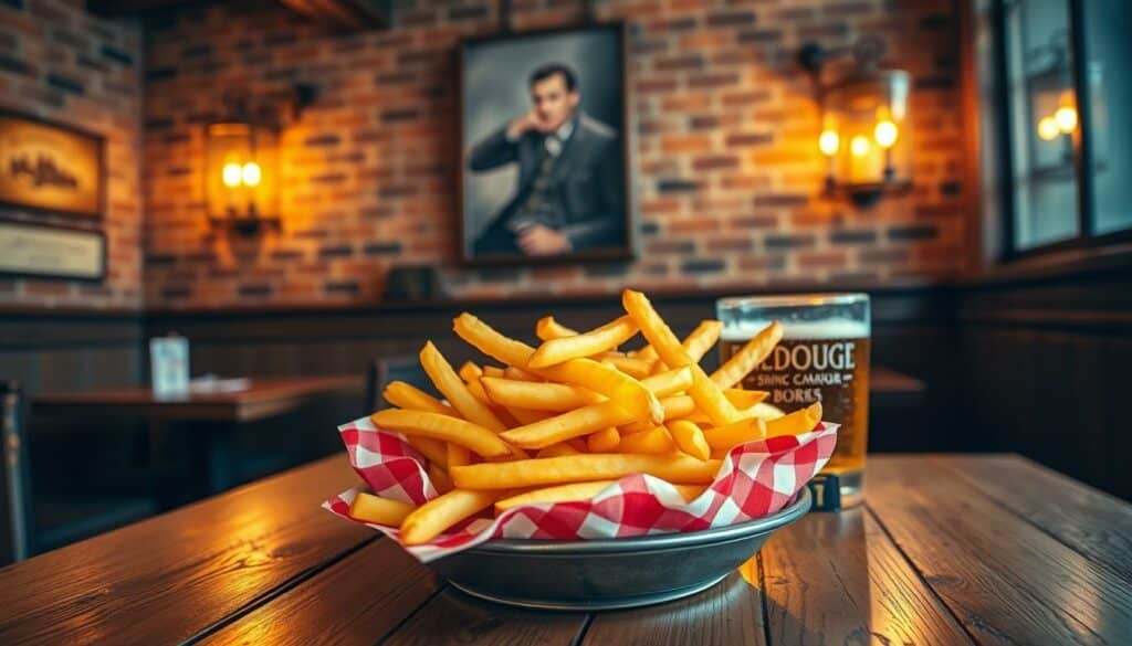 A quaint French bistro interior, with a wooden table set against a backdrop of exposed brick walls. Ornate light fixtures cast a warm, golden glow, illuminating a plate of crisp, golden-brown French fries, their savory aroma wafting through the air. The fries are accompanied by a classic red-and-white checkered napkin, and a small glass of beer, hinting at the cultural origins of this beloved dish. The scene evokes a sense of Old World charm and culinary tradition, inviting the viewer to ponder the intriguing question of why these iconic fried potatoes are known as "French Fries" in English.