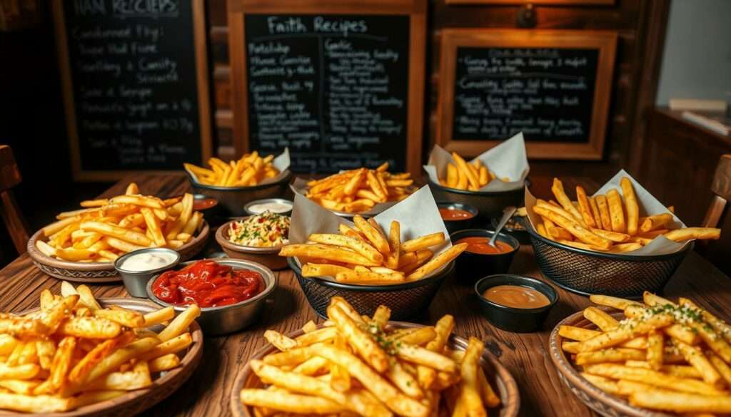 A rustic wooden table is set with an array of homemade french fry dishes, each presented with care and attention to detail. The fries are golden-brown and crispy, garnished with various seasonings and sauces - from classic ketchup and mayonnaise to more adventurous options like garlic aioli and spicy sriracha. In the background, a chalkboard menu displays tempting fry recipes, offering a tantalizing glimpse into the tasting experience. Warm lighting casts a cozy glow, setting the stage for an intimate and memorable potato-centric gathering. The overall atmosphere evokes a sense of culinary exploration and celebration of this beloved comfort food. A rustic wooden table is set with an array of homemade french fry dishes, each presented with care and attention to detail. The fries are golden-brown and crispy, garnished with various seasonings and sauces - from classic ketchup and mayonnaise to more adventurous options like garlic aioli and spicy sriracha. In the background, a chalkboard menu displays tempting fry recipes, offering a tantalizing glimpse into the tasting experience. Warm lighting casts a cozy glow, setting the stage for an intimate and memorable potato-centric gathering. The overall atmosphere evokes a sense of culinary exploration and celebration of this beloved comfort food.