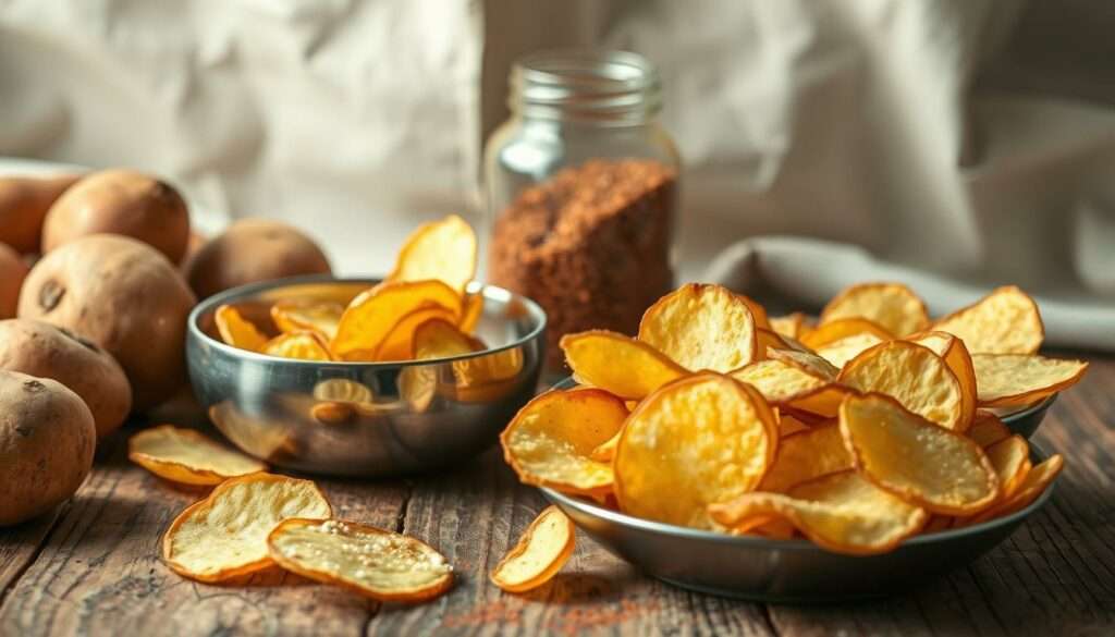 A rustic wooden table is the setting for an array of natural ingredients for homemade potato skin chips. In the foreground, freshly harvested potatoes, their skins still intact, sit alongside a stainless steel bowl filled with sliced potato skins. In the middle ground, a glass jar containing seasoning blend, perhaps a mix of paprika, garlic powder, and salt, stands ready to add flavor. The background features a linen cloth, its neutral tones complementing the earthy tones of the potatoes and wood. Soft, natural lighting casts a warm glow over the scene, enhancing the inviting, homemade atmosphere. The overall composition and styling evoke a sense of simple, wholesome goodness, perfectly capturing the essence of the "Kartoffelschalen-Chips" recipe. A rustic wooden table is the setting for an array of natural ingredients for homemade potato skin chips. In the foreground, freshly harvested potatoes, their skins still intact, sit alongside a stainless steel bowl filled with sliced potato skins. In the middle ground, a glass jar containing seasoning blend, perhaps a mix of paprika, garlic powder, and salt, stands ready to add flavor. The background features a linen cloth, its neutral tones complementing the earthy tones of the potatoes and wood. Soft, natural lighting casts a warm glow over the scene, enhancing the inviting, homemade atmosphere. The overall composition and styling evoke a sense of simple, wholesome goodness, perfectly capturing the essence of the "Kartoffelschalen-Chips" recipe.