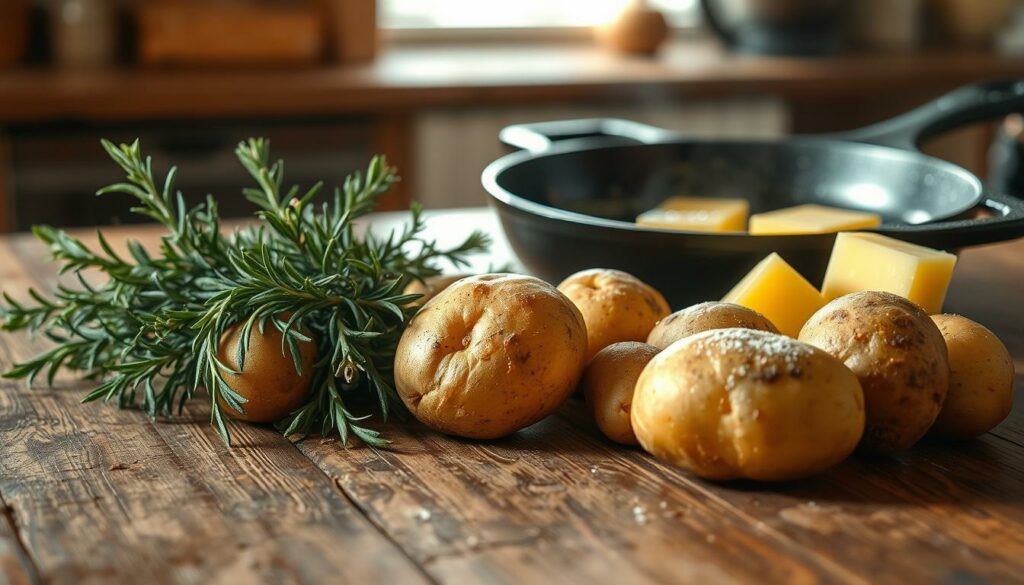 A rustic wooden table, its worn surface a canvas for the perfect ingredients for delectable pan-fried potatoes. In the foreground, freshly harvested potatoes, their skins glistening with a light dusting of soil, await their transformation. Alongside, a bundle of fragrant rosemary and thyme, their verdant leaves casting gentle shadows. In the middle ground, a sizzling cast-iron skillet, its surface glistening with the golden hue of melted butter. The background softly fades into a cozy, sunlit kitchen, hinting at the comforting aroma that will soon fill the air. Warm, natural lighting casts a welcoming glow, inviting the viewer to imagine the perfect, crispy-on-the-outside, fluffy-on-the-inside browned potatoes that will soon emerge from this harmonious arrangement of ingredients.