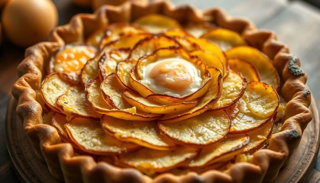 A savory layered pie with crispy golden potato slices, melted cheese, and perfectly cooked eggs in a rustic, homemade crust. The potatoes are arranged in an intricate spiral pattern, creating a visually striking centerpiece. Warm, earthy lighting casts a cozy glow, while a shallow depth of field focuses the viewer's attention on the delectable filling. The overall composition evokes a homemade, comforting dish, suitable for a hearty breakfast or brunch. A savory layered pie with crispy golden potato slices, melted cheese, and perfectly cooked eggs in a rustic, homemade crust. The potatoes are arranged in an intricate spiral pattern, creating a visually striking centerpiece. Warm, earthy lighting casts a cozy glow, while a shallow depth of field focuses the viewer's attention on the delectable filling. The overall composition evokes a homemade, comforting dish, suitable for a hearty breakfast or brunch.