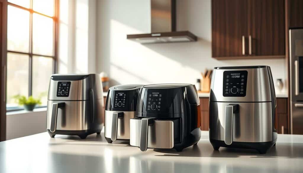 A sleek, modern kitchen interior with a prominent display of several high-quality air fryer models. The scene is brightly lit, with soft, natural lighting filtering in through large windows, casting a warm glow on the stainless steel and brushed metal appliances. In the foreground, the air fryers are neatly arranged, showcasing their distinctive designs and features. The middle ground highlights the control panels and digital displays, inviting the viewer to explore the technical details. In the background, a minimalist, white-tiled backsplash and dark, wooden cabinetry create a harmonious, contemporary setting. The overall mood is one of culinary sophistication and the promise of effortless, healthy cooking.