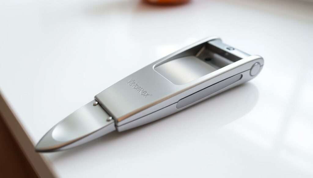A sleek, silver Victorinox Patent-Sparschäler (vegetable peeler) rests on a pristine white kitchen counter, its smooth, curved handle and sharp stainless steel blade gleaming under the soft, diffused lighting. The peeler's simple yet elegant design is highlighted, showcasing its functionality and precision as a compact solution for effortlessly peeling potatoes, carrots, and other produce. The image captures the essence of this versatile kitchen tool, emphasizing its high-quality craftsmanship and suitability for any modern, well-equipped kitchen. A sleek, silver Victorinox Patent-Sparschäler (vegetable peeler) rests on a pristine white kitchen counter, its smooth, curved handle and sharp stainless steel blade gleaming under the soft, diffused lighting. The peeler's simple yet elegant design is highlighted, showcasing its functionality and precision as a compact solution for effortlessly peeling potatoes, carrots, and other produce. The image captures the essence of this versatile kitchen tool, emphasizing its high-quality craftsmanship and suitability for any modern, well-equipped kitchen.