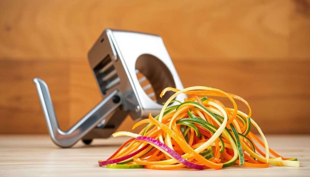 A stainless steel julienne slicer with sharp blades, positioned against a warm wooden background. The tool has a sturdy, ergonomic handle and a wide mouth to accommodate large potatoes or carrots. Soft, diffused lighting casts gentle shadows, highlighting the slicer's clean, utilitarian design. In the foreground, freshly julienned vegetable strips cascade gracefully, their vibrant colors and uniform shape showcasing the slicer's precision. The overall scene conveys the useful functionality and versatility of this specialized kitchen tool, well-suited for the task of preparing fine vegetable strips for a variety of culinary applications. A stainless steel julienne slicer with sharp blades, positioned against a warm wooden background. The tool has a sturdy, ergonomic handle and a wide mouth to accommodate large potatoes or carrots. Soft, diffused lighting casts gentle shadows, highlighting the slicer's clean, utilitarian design. In the foreground, freshly julienned vegetable strips cascade gracefully, their vibrant colors and uniform shape showcasing the slicer's precision. The overall scene conveys the useful functionality and versatility of this specialized kitchen tool, well-suited for the task of preparing fine vegetable strips for a variety of culinary applications.