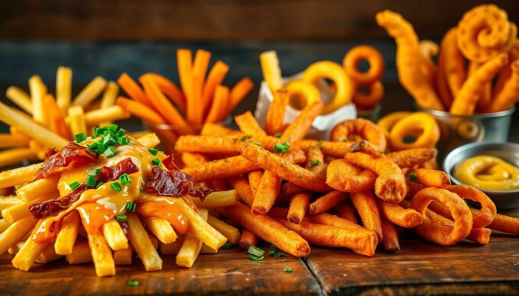 A vibrant assortment of gourmet french fry variations, artfully arranged on a rustic wooden table. In the foreground, thick-cut "loaded" fries topped with melted cheese, crispy bacon, and fresh chives. In the middle ground, a rainbow of sweet potato fries, seasoned with exotic spices and herbs. In the background, a selection of quirky and creative fry shapes, including curly, waffle, and spiral-cut potatoes, each with its own unique texture and flavor profile. Soft, warm lighting casts a cozy, inviting glow over the scene, evoking a sense of casual elegance and culinary experimentation. The overall composition strikes a balance between the familiar comfort of classic french fries and the delightful surprise of innovative, gourmet interpretations. A vibrant assortment of gourmet french fry variations, artfully arranged on a rustic wooden table. In the foreground, thick-cut "loaded" fries topped with melted cheese, crispy bacon, and fresh chives. In the middle ground, a rainbow of sweet potato fries, seasoned with exotic spices and herbs. In the background, a selection of quirky and creative fry shapes, including curly, waffle, and spiral-cut potatoes, each with its own unique texture and flavor profile. Soft, warm lighting casts a cozy, inviting glow over the scene, evoking a sense of casual elegance and culinary experimentation. The overall composition strikes a balance between the familiar comfort of classic french fries and the delightful surprise of innovative, gourmet interpretations.