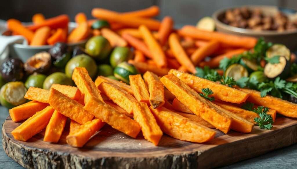 A vibrant still life arrangement showcasing a variety of healthy sweet potato fries and vegetable side dishes. In the foreground, golden sweet potato wedges with a crisp exterior and fluffy interior are arranged artfully on a rustic wooden board. Surrounding them are an assortment of roasted vegetables, such as Brussels sprouts, carrots, and zucchini, in a range of vibrant colors. The lighting is soft and natural, casting gentle shadows and highlighting the diverse textures and hues of the produce. The overall mood is one of nourishment and wellness, inviting the viewer to consider healthier alternatives to traditional French fries. The composition is balanced and visually appealing, capturing the essence of the "Gesündere Pommes-Alternativen" section. A vibrant still life arrangement showcasing a variety of healthy sweet potato fries and vegetable side dishes. In the foreground, golden sweet potato wedges with a crisp exterior and fluffy interior are arranged artfully on a rustic wooden board. Surrounding them are an assortment of roasted vegetables, such as Brussels sprouts, carrots, and zucchini, in a range of vibrant colors. The lighting is soft and natural, casting gentle shadows and highlighting the diverse textures and hues of the produce. The overall mood is one of nourishment and wellness, inviting the viewer to consider healthier alternatives to traditional French fries. The composition is balanced and visually appealing, capturing the essence of the "Gesündere Pommes-Alternativen" section.