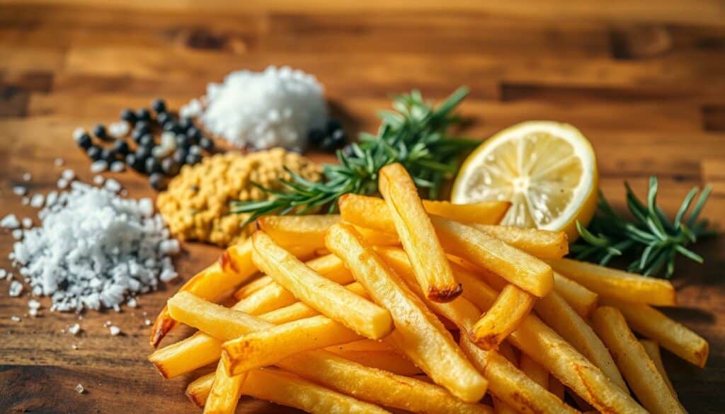 A vibrant still life capturing the essence of "Perfekte Würzung und Beilagen". A wooden surface holds an assortment of seasonings - glistening sea salt crystals, freshly cracked black peppercorns, aromatic rosemary sprigs, and a zesty lemon wedge. In the foreground, a golden pile of crisp, perfectly cooked french fries awaits their final touch. Warm, directional lighting casts a soft glow, highlighting the textures and colors. The composition is balanced, drawing the eye to the delectable fries and their essential accompaniments. An evocative scene that whets the appetite and conveys the craft and care required for the "perfect" fry.
