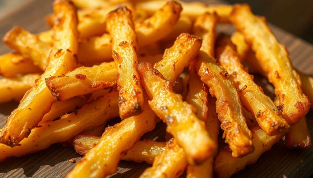 A visually appetizing close-up of freshly fried golden-brown potato fries, crispy on the outside and fluffy on the inside, arranged artfully on a rustic wooden surface. Warm natural lighting casts a soft glow, highlighting the intricate texture and sizzling appearance. The fries are seasoned with a blend of aromatic spices, casting enticing shadows. A simple yet sophisticated presentation, evoking the comforting and satisfying essence of homemade "knusprige Pommes". The focus is on showcasing the key characteristics of perfectly cooked fries, inspiring the viewer to recreate this delectable snack. A visually appetizing close-up of freshly fried golden-brown potato fries, crispy on the outside and fluffy on the inside, arranged artfully on a rustic wooden surface. Warm natural lighting casts a soft glow, highlighting the intricate texture and sizzling appearance. The fries are seasoned with a blend of aromatic spices, casting enticing shadows. A simple yet sophisticated presentation, evoking the comforting and satisfying essence of homemade "knusprige Pommes". The focus is on showcasing the key characteristics of perfectly cooked fries, inspiring the viewer to recreate this delectable snack.