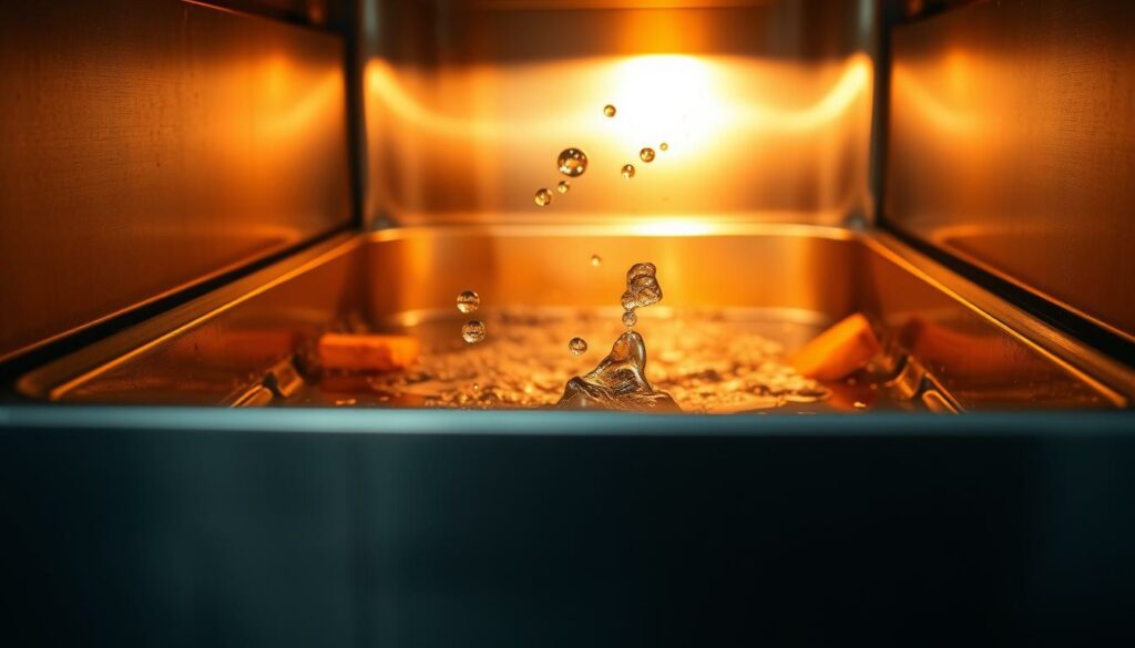 A well-lit close-up photograph of the frying zone of a stainless steel commercial deep fryer, with droplets of hot oil sizzling and bubbling on the surface. The metal walls of the frying chamber have a gleaming, polished finish, and the interior is illuminated by a warm, golden glow, casting dramatic shadows. The angle emphasizes the depth and volume of the frying chamber, capturing the precise environment where crisp, golden french fries are expertly cooked to perfection. The overall mood is one of culinary precision, highlighting the technical aspects of the frying process for the ultimate frying experience.