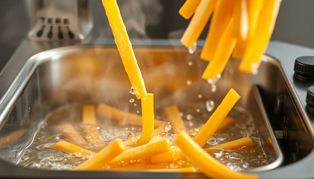 A well-lit, close-up shot of a professional-grade deep fryer, its shiny stainless steel exterior gleaming under soft, evenly distributed lighting. The oil sizzles and bubbles within the wide, rectangular basin, steam gently rising. Crisp, golden-brown French fries are carefully lowered into the hot oil, creating a mesmerizing, rhythmic dance of sizzles and splashes. The fryer's controls are clearly visible, with dials and buttons that allow for precise temperature and timing adjustments. The scene exudes a sense of culinary expertise and the promise of perfectly cooked, irresistible fries.