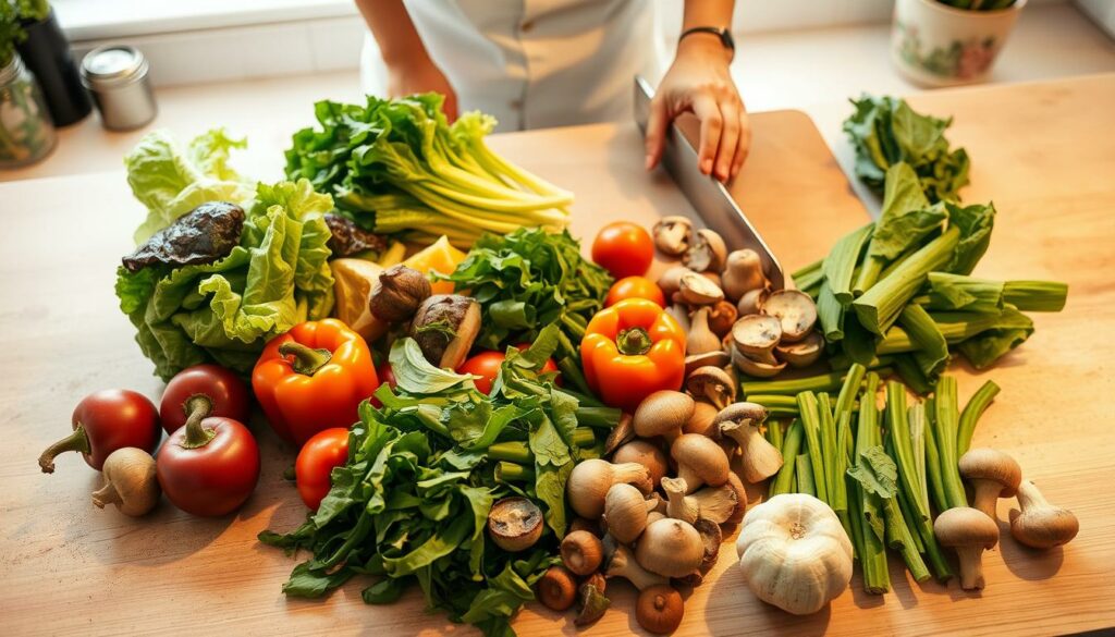 A well-lit kitchen counter, adorned with an array of freshly washed vegetables, neatly arranged. Crisp lettuce, vibrant bell peppers, earthy mushrooms, and other plant-based ingredients await preparation. The scene exudes a sense of calm and organization, as a pair of skilled hands skillfully chop and dice the produce, ready to transform them into a delectable vegetarian feast. Warm, diffused lighting casts a soft glow, accentuating the natural textures and colors. The overall atmosphere is one of efficiency and culinary expertise, perfectly capturing the essence of "Vegetarische Vorbereitung" for an upcoming article on a delicious vegetarian menu.